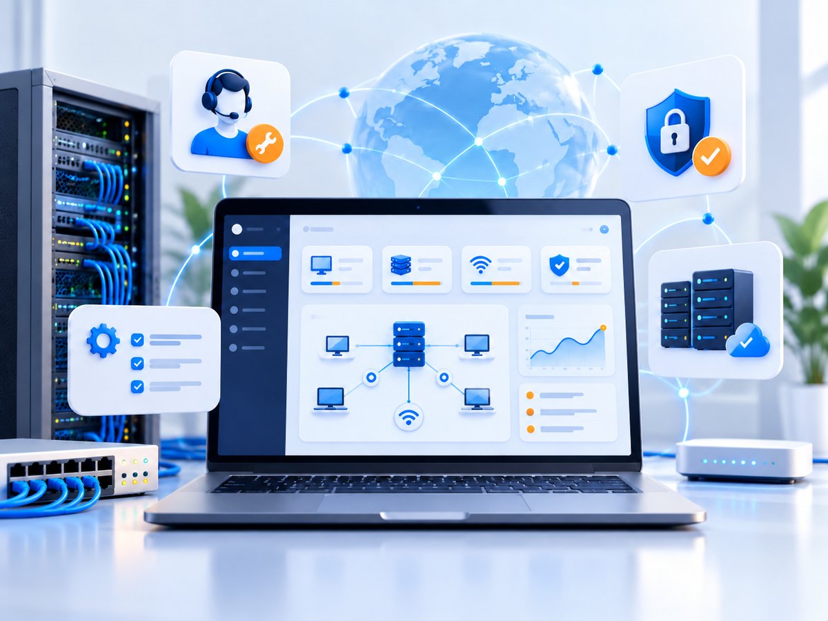 Notebook com painel de monitoramento da rede, cercado por ícones de suporte, segurança, servidores e Wi-Fi